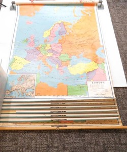 Vintage American Geo Series Classroom Pulldown World Maps 1950s