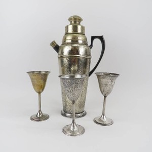 Art Deco Hammered Silverplate Cocktail Shaker wMatching Martini Glasses Bernard Rices Sons INC