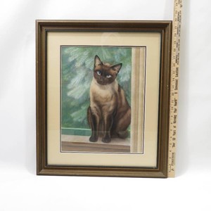Vintage Framed Original Art Seated Siamese Cat