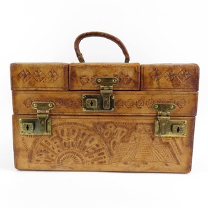Vintage Hand-Tooled Leather Train Case or Vanity Jewelry Box wKeys