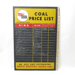 Vintage North Western-Hanna Coal Price List Conversion Chart Sign