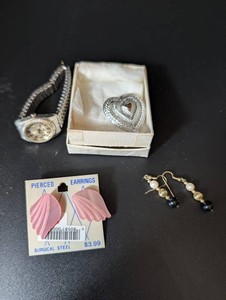 Mixed Jewelry Group - Watch, Heart Jewelry & 2 Pairs Earrings