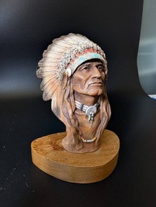 Warrior Bust Sculpture With Feathered Headdress