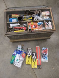 Vintage Wooden Tool Chest with Assorted Plumbing Tools and Supplies