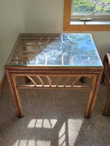 Vintage Rattan Glass Top End Table Coastal Bent Bamboo Side Table