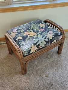 Vintage Rattan Ottoman Footstool Tropical Floral Cushion Coastal
