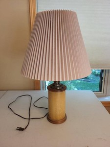 Vintage Faux Oil Lamp Style Table Lamp Wood & Metal w Pleated Shade