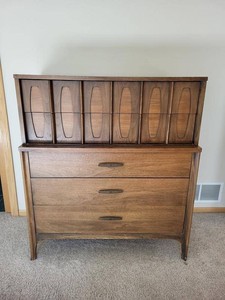 Mid Century Modern Walnut Tall Dresser Chest w Sculpted Drawer Fronts
