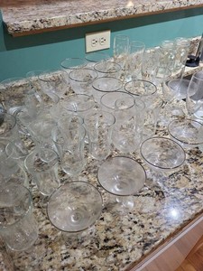 Assorted Glass Drinkware Lot Silver Rim Stemware, Coupe Glasses, Goblets, Mugs