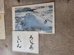 Framed Penguin Print & Japanese Calligraphy Wall Art Decor