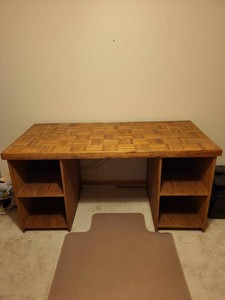 Oak Parquet Top Desk With Side Shelves & Chair Mat 63x30x30