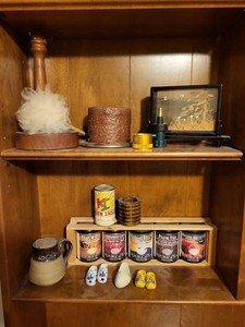 Lot of Assorted Vintage Home Decor Tea Tins Pottery Mug Shadowbox