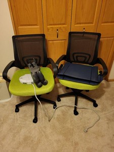 Pair of Green Mesh Office Chairs w Crazy Creek Seat & APC Surge