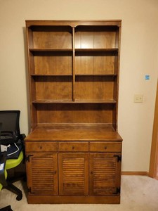Wood Secretary Desk Hutch Cabinet w Louvered Doors 2 Piece Brown