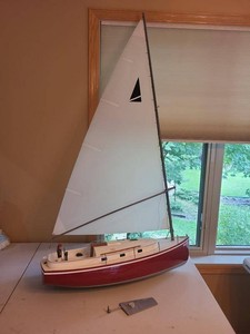 Vintage Pond Yacht Model Sailboat Maggie Red White w Sail & Keel