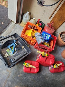 Mixed Garage Utility Lot Gas Cans Oil Drain Pan Jack Stand Crates