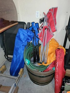 Assorted Outdoor Patio Camping Lot Chairs Hose Barrel Planter