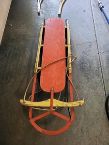 Vintage Childs Wood & Metal Steering Snow Sled Red Yellow Runner