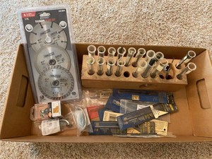 Box Lot of Assorted Rotary Tool Blades Router Bits Taps & Hardware