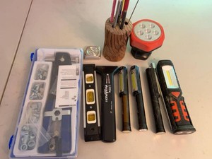 Assorted Hand Tools, Stud Finder & LED Work Lights Garage Lot