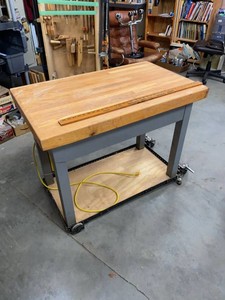 Custom Rolling Butcher Block Top Workbench Utility Table w Power Strip