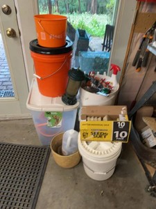 Lot of Assorted Bird Feeding Supplies Buckets Tote Suet Logs