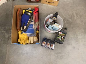 Box Lot of Assorted Work Gloves & 2-Cycle Engine Oil Supplies