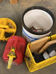 Box Lot of Assorted Garage Hardware Parts Fuel Can & Bucket