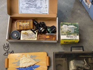 Vintage Fishing Tackle & Reels with Optimus 124 Camp Cook Set Box