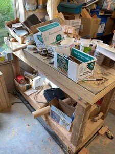 Rolling Wood Workshop Bench with Assorted Shop Supplies & Hardware