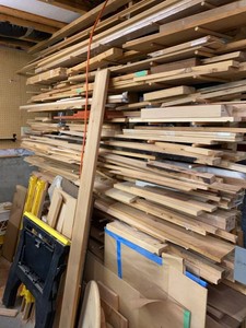 Lot of Assorted Lumber Boards Dowels Panels & Sawhorses