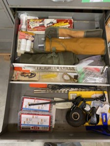 Box Lot of Assorted Hand Tools Hardware Chisel Set Stapler Fasteners