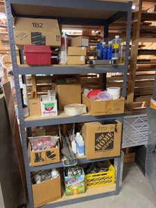 Industrial Metal Storage Shelving Unit With Mixed Garage Shop Contents