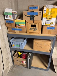Metal Storage Shelf w Assorted Garage Household Supply Box Lot