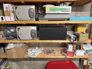 Box Lot of Speakers, Electric Motor & Assorted Hardware Parts