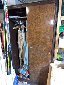 Vintage Metal Storage Wardrobe Cabinet w Faux Wood Sliding Doors