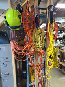 Lot of Assorted Extension Cords Safety Helmet Rope & Shop Accessories