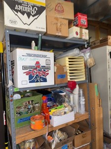 Box Lot of Assorted Paint Supplies, Brushes, Tape & Packing Materials