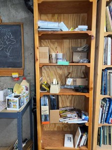 Wood Bookcase with Assorted Office Supplies Magazines & Cassettes