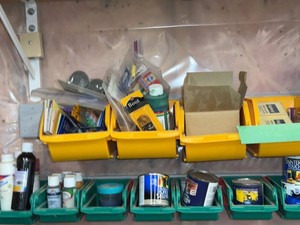 Wall-Mounted Storage Bins with Assorted Craft Paint Office Supply Lot