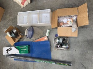 Box Lot of Assorted Garage Shop Supplies Hardware Organizer Mat