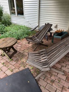 Lot of Assorted Patio Furniture Wood Lounge Chairs Table Fire Pit