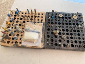 Assorted Router Bit Lot with Trays and Rockler Cabinet Stop Block