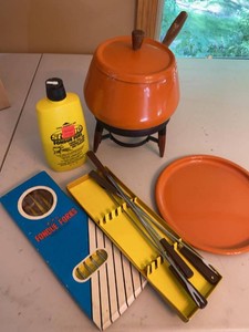 Vintage Orange Fondue Pot Set Mid Century w 6 Forks Tray Fuel