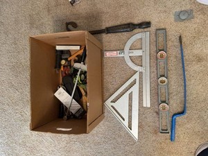 Lot of Assorted Hand Tools Levels Squares Protractor Pry Bar
