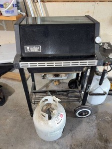 Weber Gas Grill on Cart with Propane Tanks & Grill Cleaning Tools