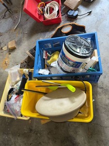 Box Lot of Assorted Household Tools Cleaning Supplies & Games
