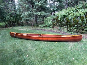 Vintage Wooden Canoe with Web Seats & Kneeling Thwart, 31in Beam