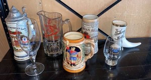 Group of Vintage Brewery Steins Glasses Pitcher Leinenkugel Pabst Tuborg