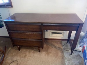 Vintage Mid Century Walnut Writing Desk 4 Drawer Tapered Leg 52in